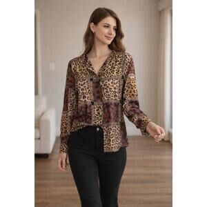 Vntg Leopard Baroque Scarf Print Blouse Button Front Relaxed Fit Statement Top L